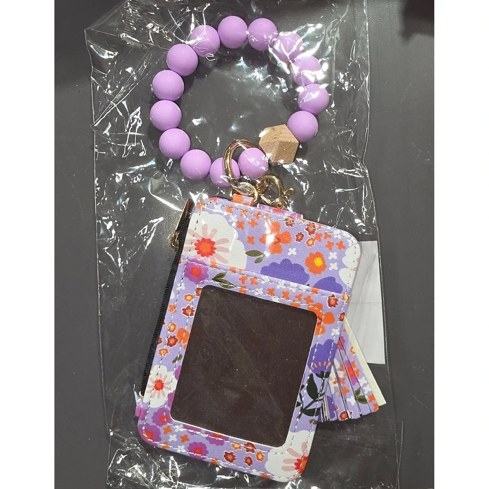 Floral Card Holder Wallet Silicone Bead Keychain Bracelet Tassel Purple Womens